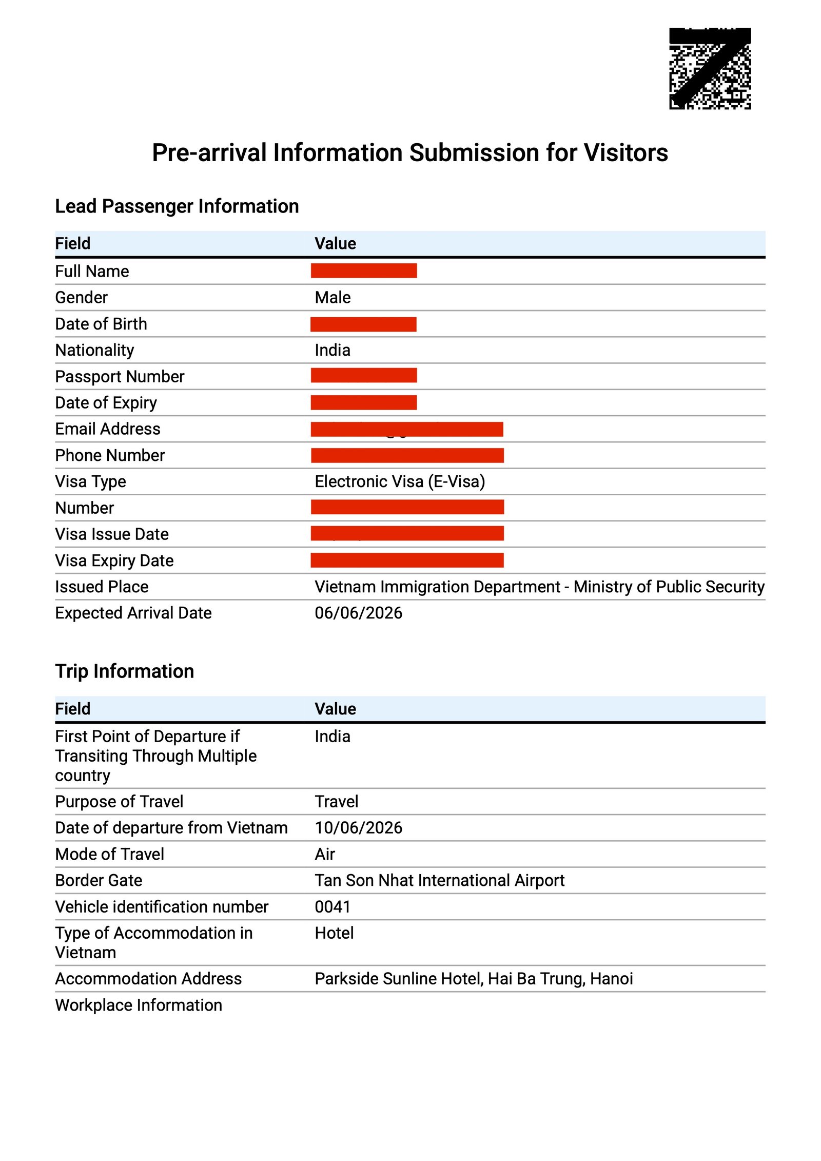 Vietnam Pre Arrival Card Sample